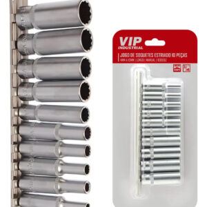 Jogo De Soquetes Longo Enc 1/4 Estriado 4 Ao 13mm Vip 900092