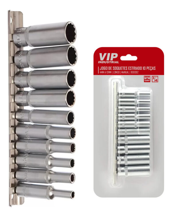 Jogo De Soquetes Longo Enc 1/4 Estriado 4 Ao 13mm Vip 900092