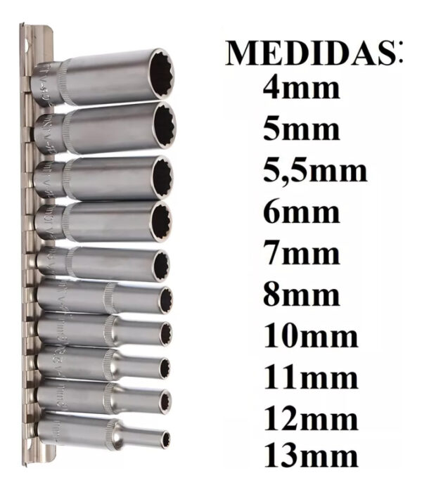 Jogo De Soquetes Longo Enc 1/4 Estriado 4 Ao 13mm Vip 900092