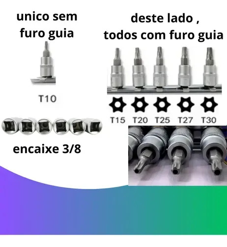 Jogo Soquete Torx Curto 3/8 6 Peças Aço S2 C/ Guia Vip Prateado