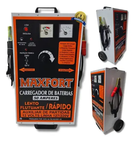Carregador de Bateria 50A 12V com Auxiliar de Partida 2 Relogios MX2 Maxfort