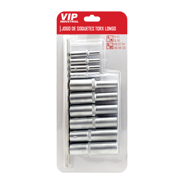 Jogo de Soquete Torx Fêmea E4 a E20 1/4" e 1/2" 10 Peças